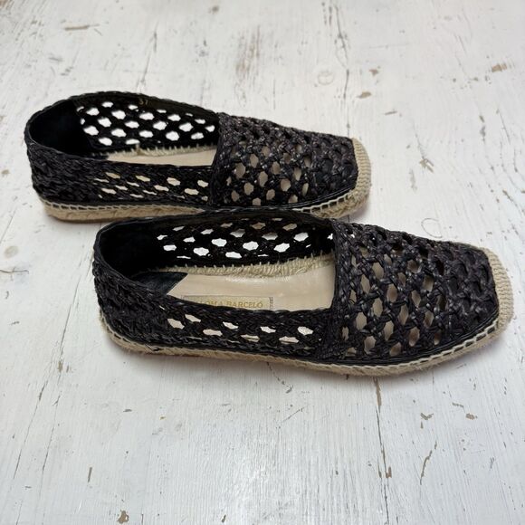 Paloma Barcelo Espadrille Flats Square Toe Black Outer Leather Knit 7 EU 37 - Picture 2 of 10